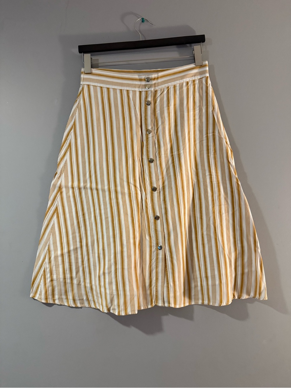 LOFT Yellow and White Striped A-Line Button-Front Midi Skirt